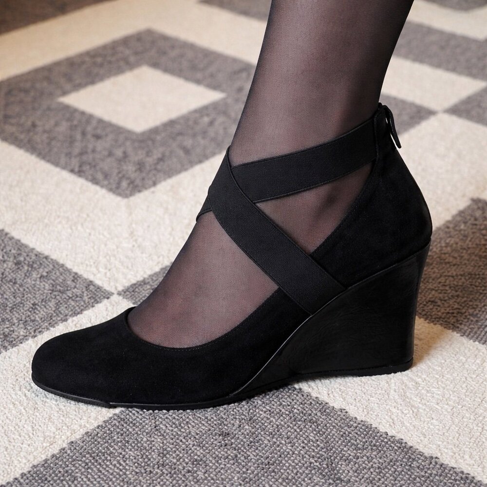 KENNETH COLE Reaction - suede wedge heels with ballerina style strap - size 8M